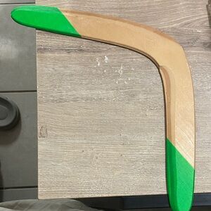 Vintage Wooden Boomerang with Green Accents